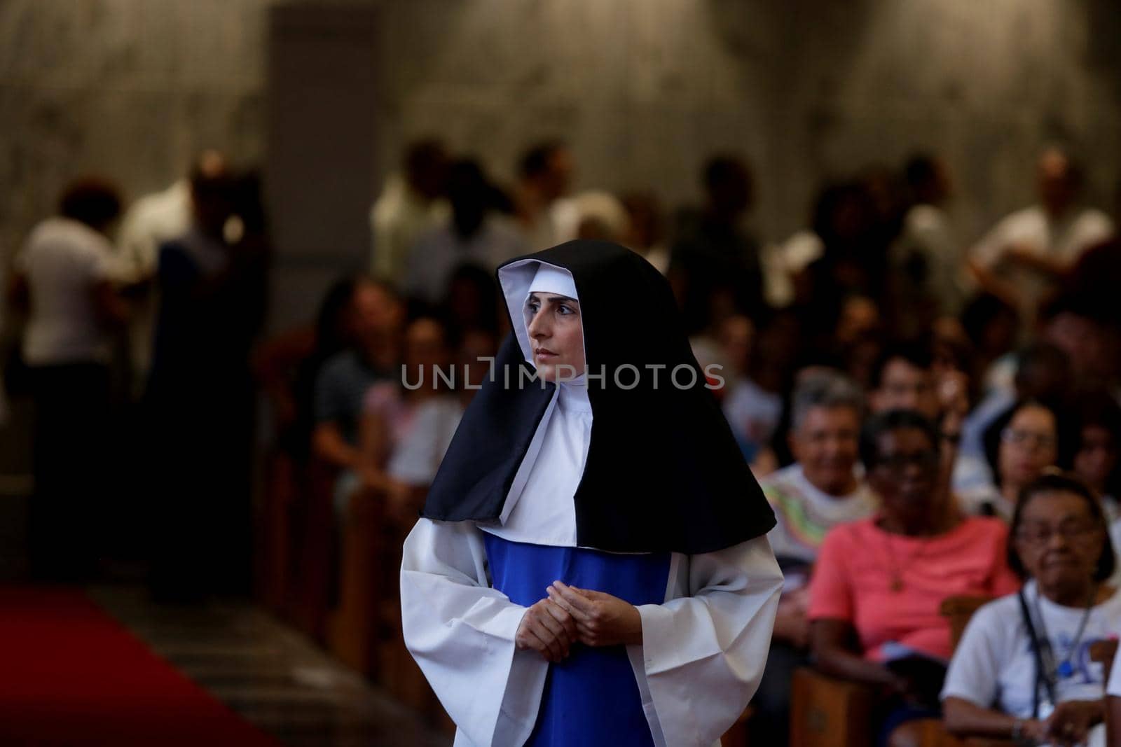 salvador, bahia, brazil - october 13, 2019: woman wears the clothes of a Santa Dulce dos Pobres nun during a theatrical presentation at the sanctuary of the saint in Salvador