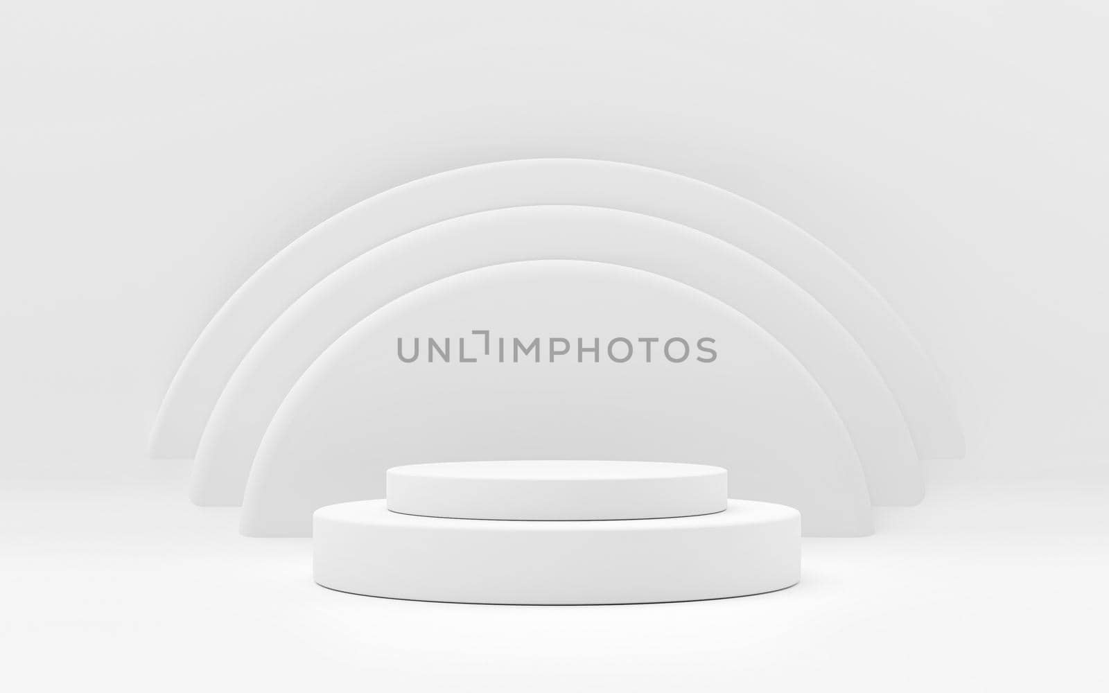 White product stand on white background. Abstract minimal geometry concept. Studio podium platform theme. Exhibition and business marketing presentation stage. 3D illustration rendering graphic design