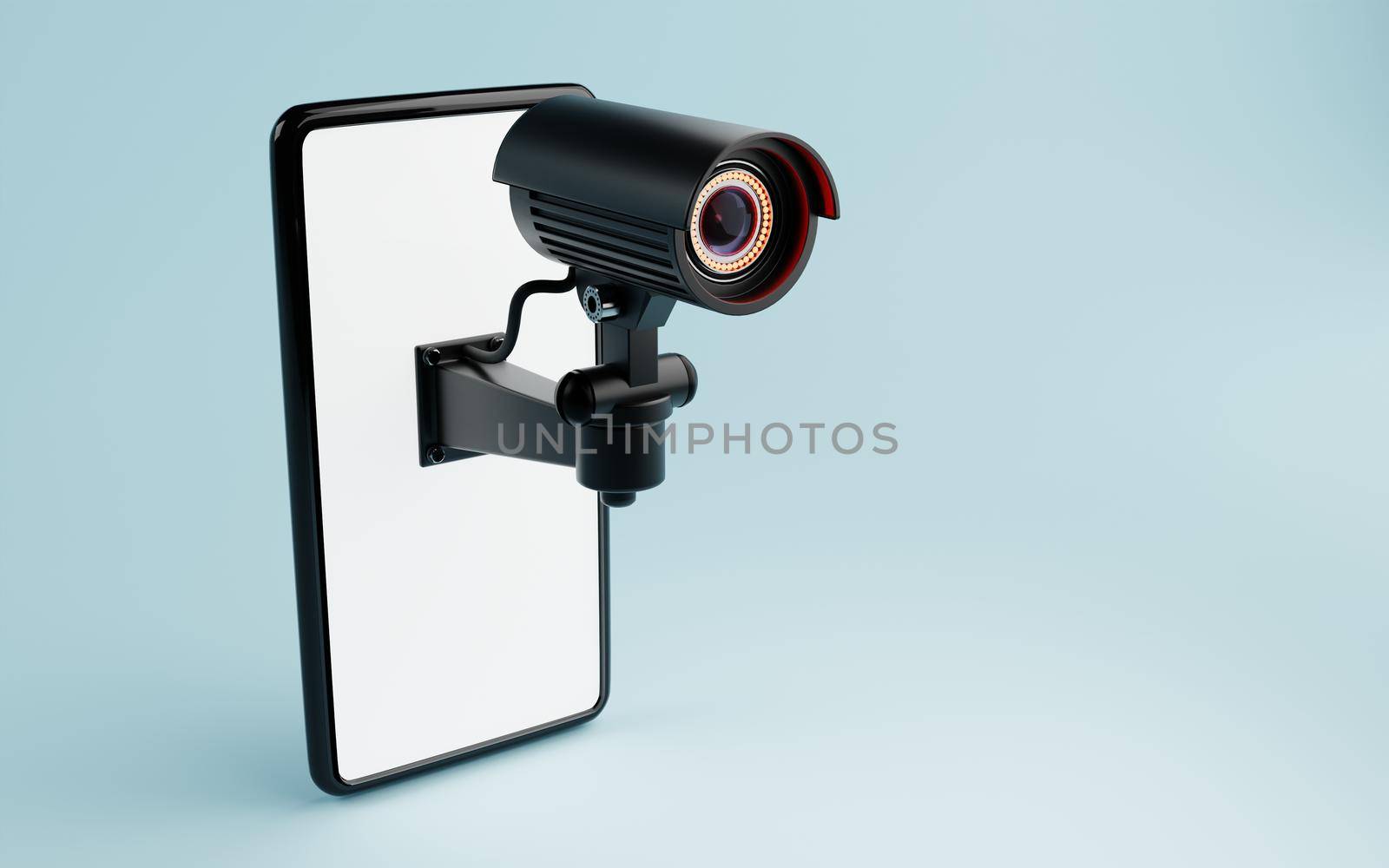 CCTV Security camera isolated on white smartphone display in blue background. Safe and secure technology inside property and homeowner concept. Copy space. 3D illustration rendering