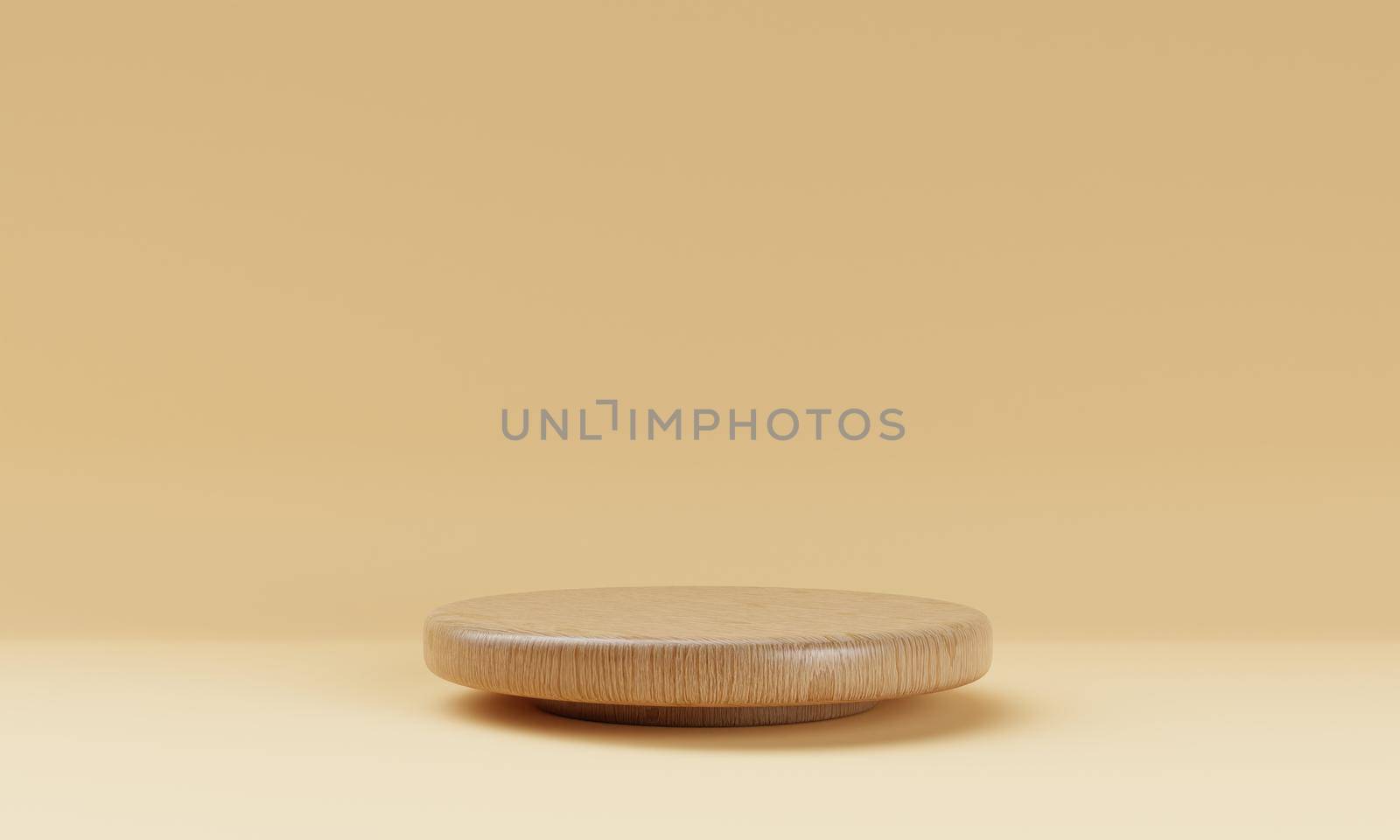 One brown wooden round cylinder product stage podium on orange background. Minimal fashion theme. Geometry exhibition stage mockup concept. 3D illustration rendering