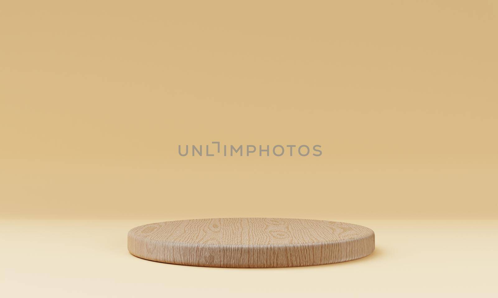 One brown wooden round cylinder product stage podium on orange background. Minimal fashion theme. Geometry exhibition stage mockup concept. 3D illustration rendering