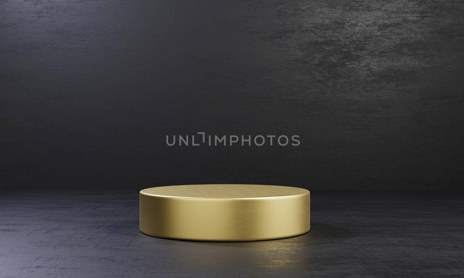 Golden one cylinder product stage podium table on black cement background. Abstract minimal fashion theme. Geometry exhibition stage mockup concept. 3D illustration rendering graphic design