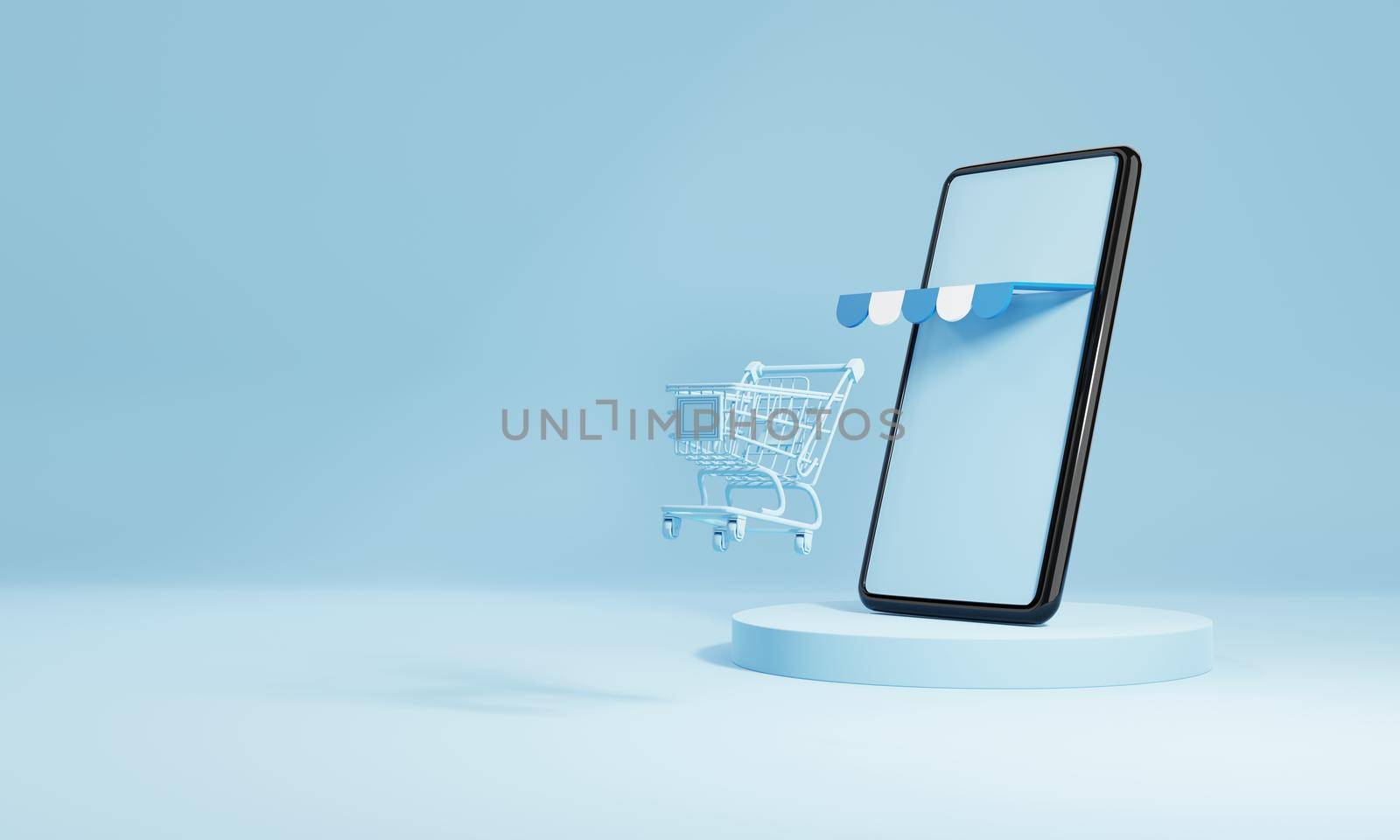 Smartphone with shopping cart and blank empty screen on blue stage background. Online shopping delivery business e-commerce store and social media application concept. 3D illustration rendering by MiniStocker