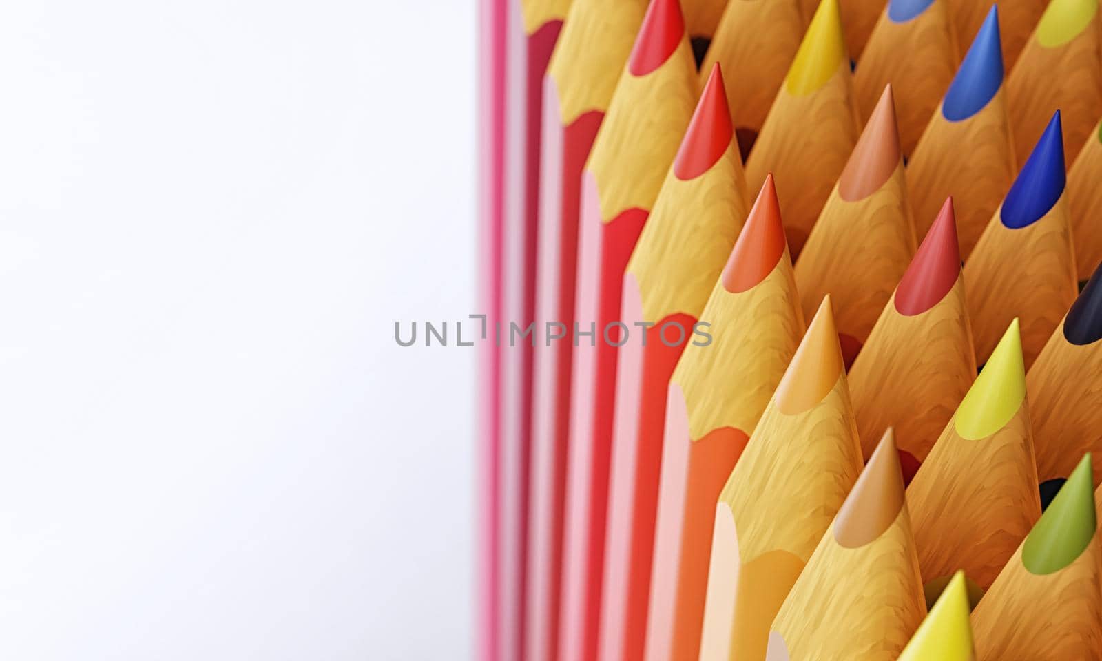 Close up colored pencils with copy space background. Multi-Colors pencils on white background. Education learning in art and paint class and Back to school concept. 3D illustration rendering
