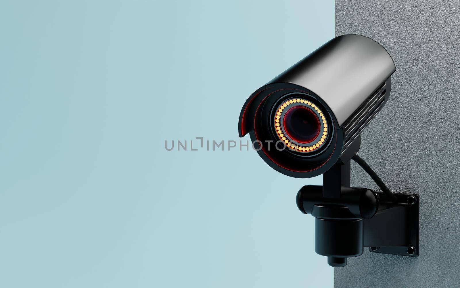 CCTV Security camera isolated on wall at blue background. Safe and secure technology inside property and homeowner concept. Copy space. 3D illustration rendering