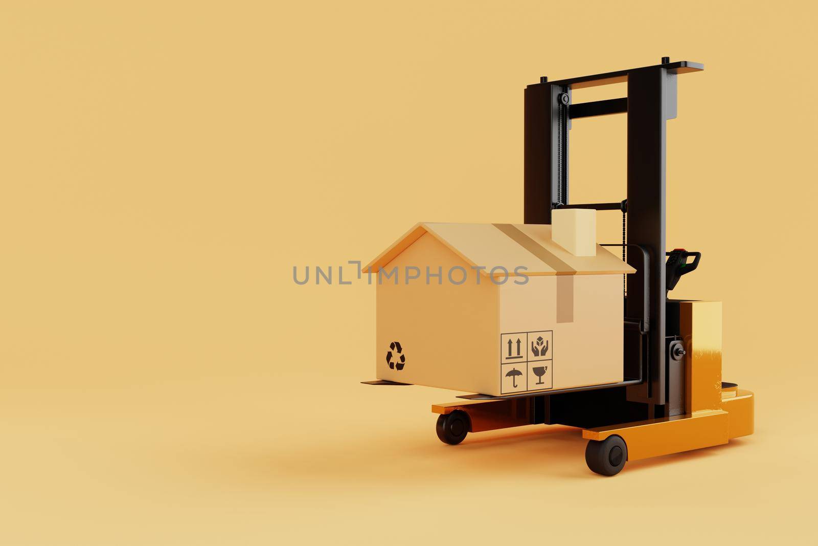 Forklift lifting and moving cardboard boxes that look like home or house on yellow background. Industrial and household mortgage concept. Delivery and transportation. 3D illustration rendering