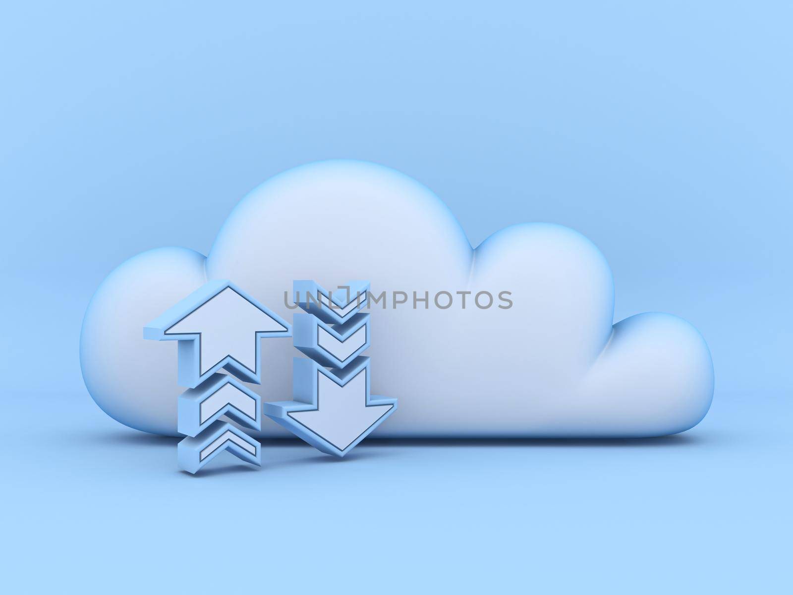 Cloud concept of download and upload 3D rendering illustration isolated on blue background