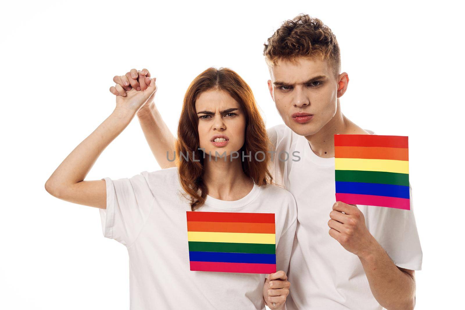 couple in white t-shirts Flag lgbt transgender sexual minorities. High quality photo