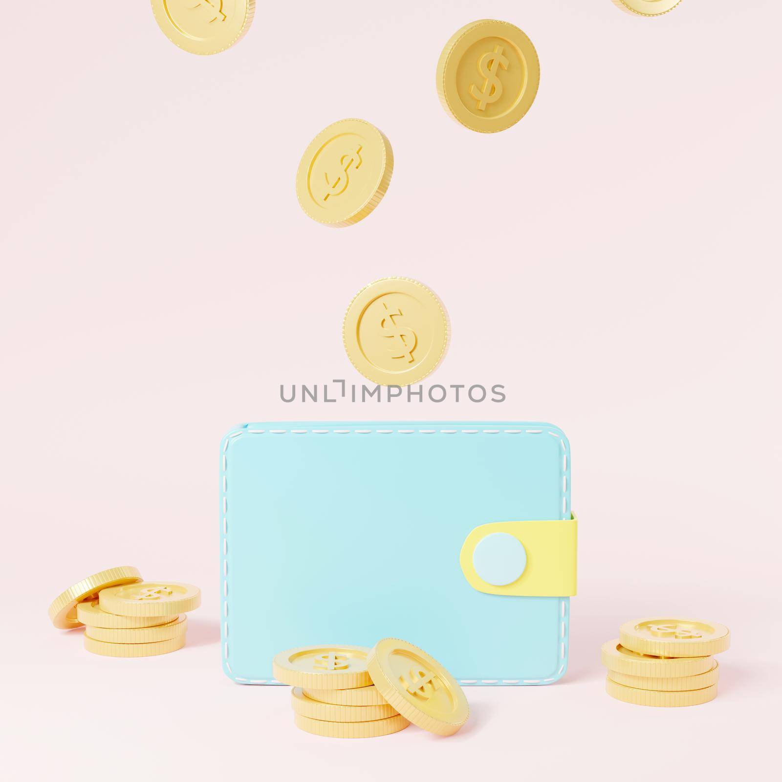 Gold coins fall into the wallet, Profit in the budget, Wallet money is passive income isolated on pink background, Iearnings profit success, sometric 3D rendering illustration