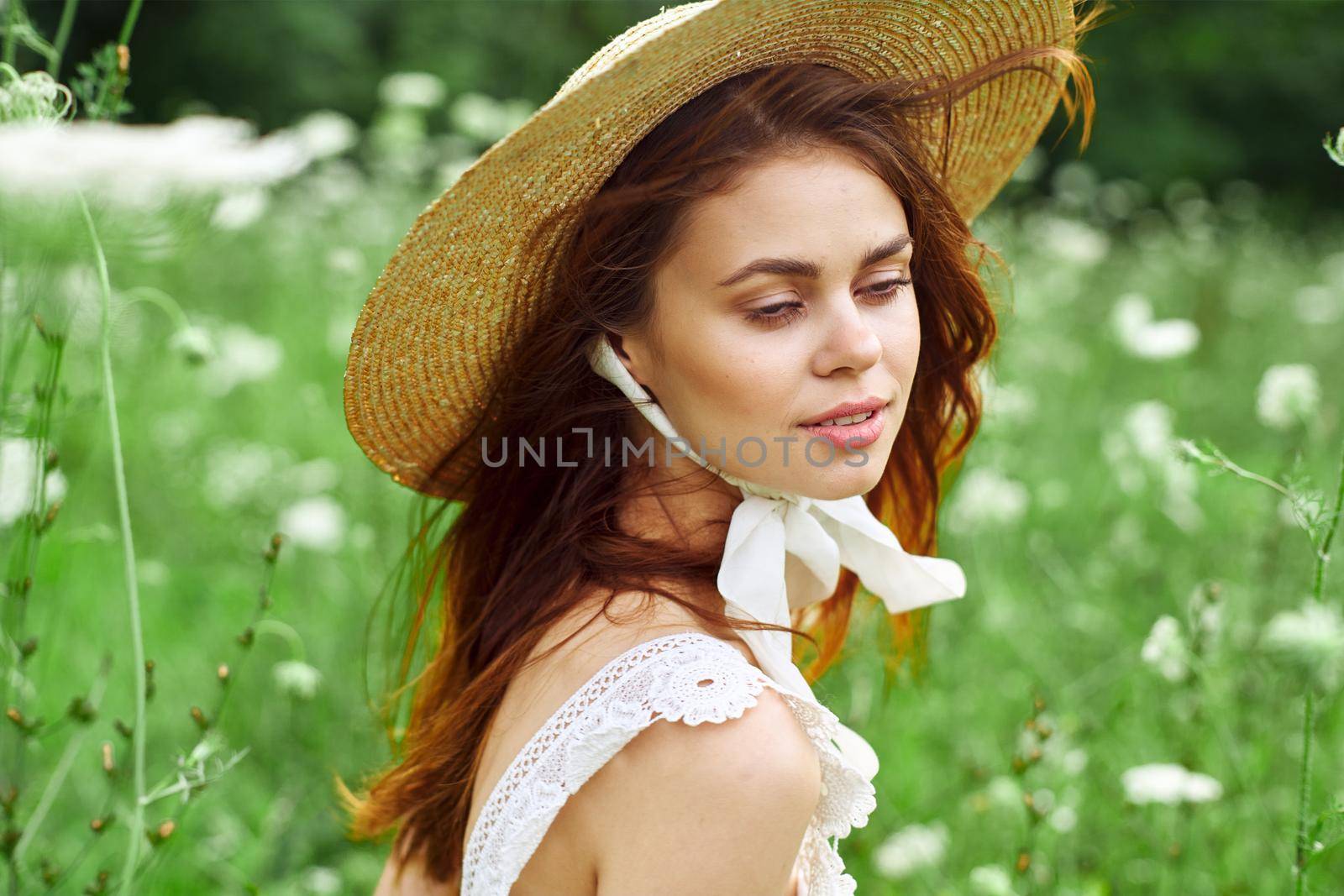 pretty woman with hat nature field flowers fresh air by Vichizh