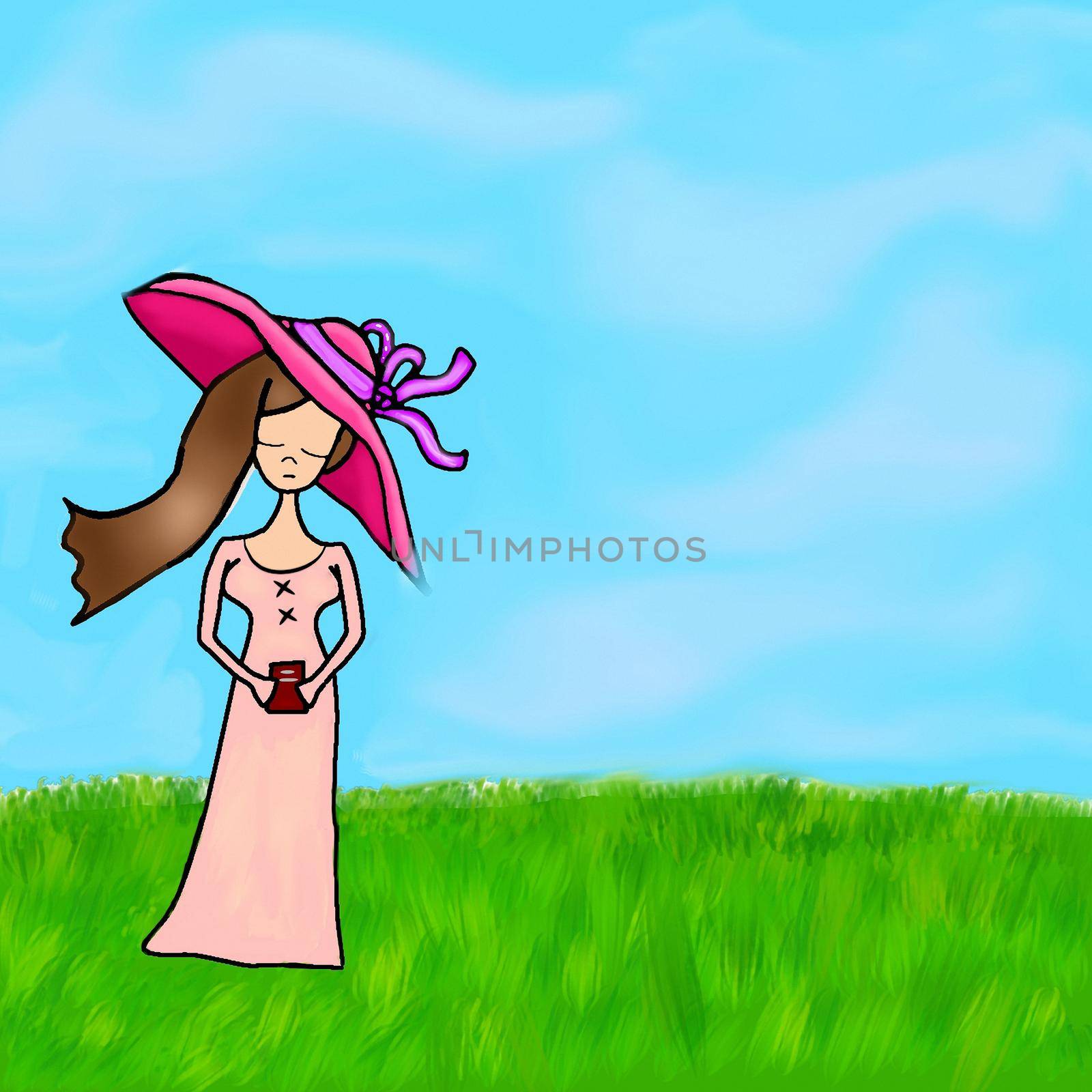 Elegant intelligent cartoon lady in vintage style clothes on the field in summer