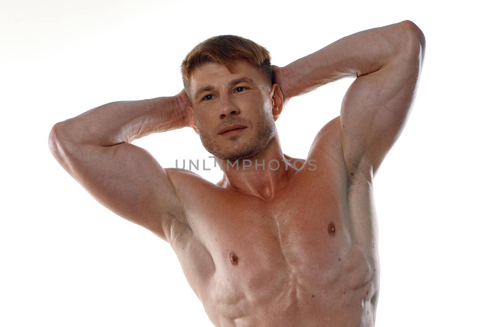 athletic man pumped up press gestures with hands posing fitness by Vichizh