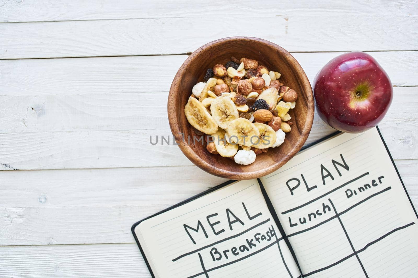 snack breakfast organic fitness health wooden table. High quality photo
