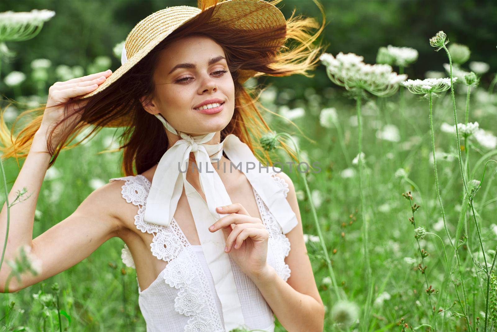 Woman with hat white dress flowers nature relaxation by Vichizh
