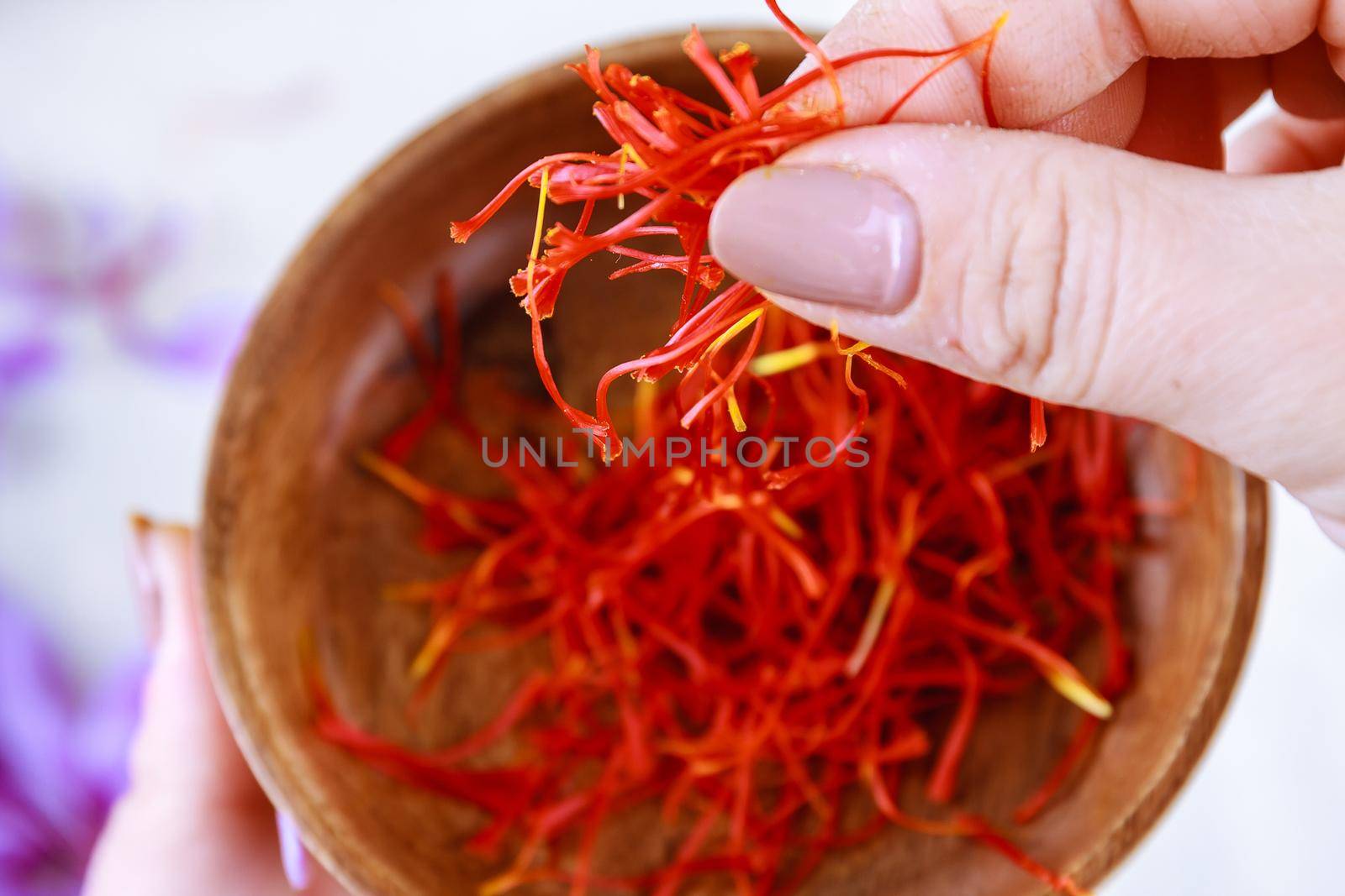 The girl takes the saffron from a wooden plate. Fresh saffron stamens. Separation of saffron threads from the rest of the flower.