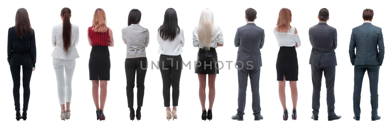 rear view.a group of young business people looking forward. isolated on white