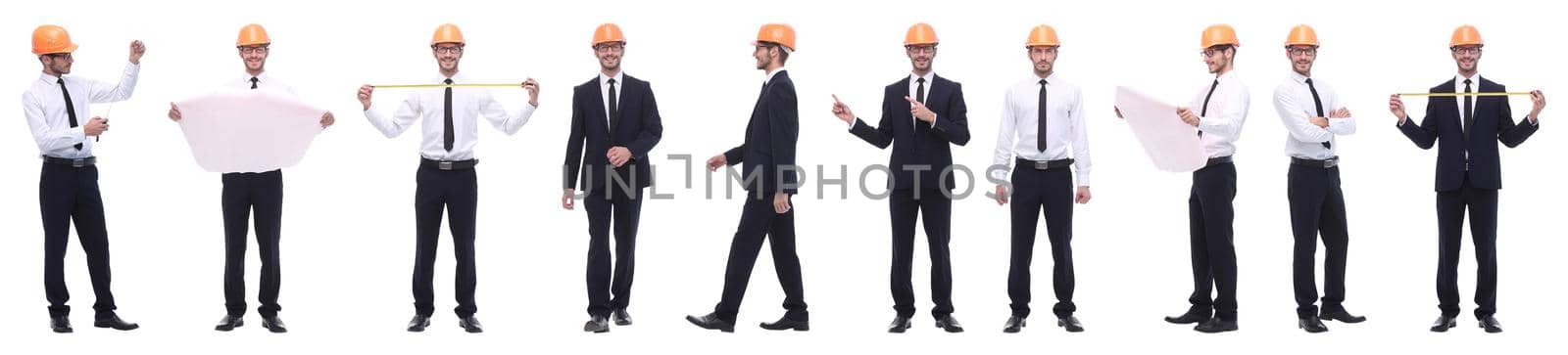 panoramic photo collage of architect expert isolated on white background