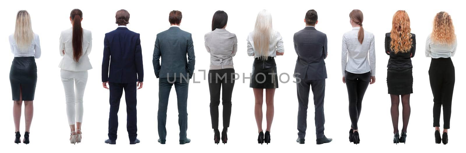 rear view. business team looking forward. isolated on white background