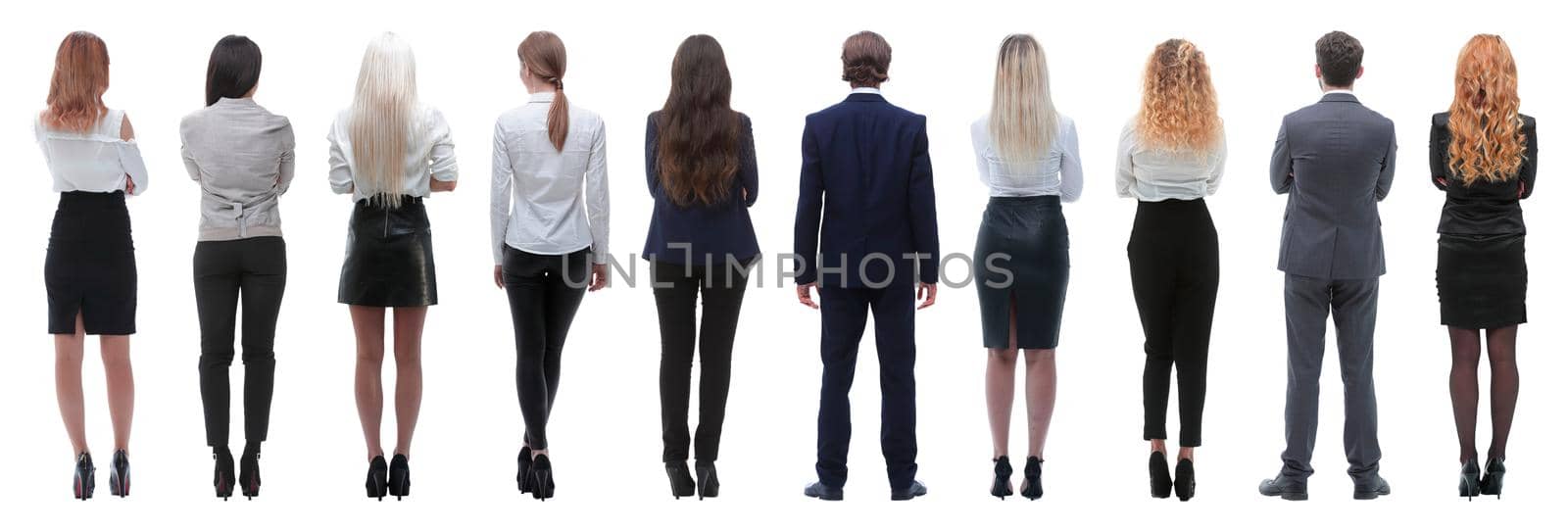 rear view.a group of young business people looking forward. isolated on white