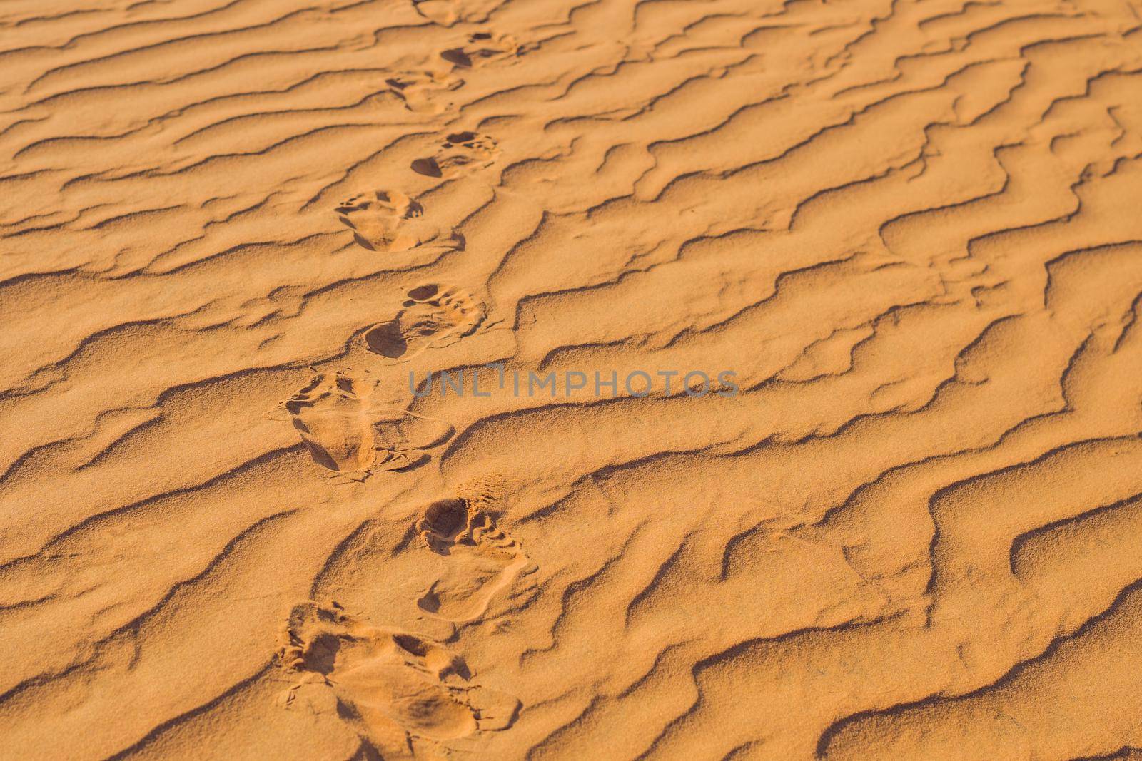 Footprints in the sand in the red desert at Sunrise by galitskaya