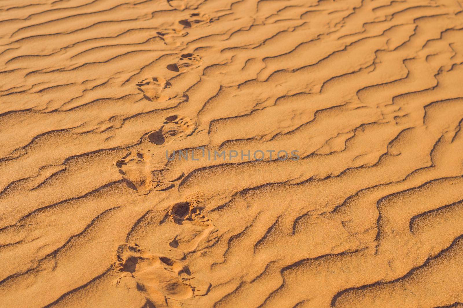 Footprints in the sand in the red desert at Sunrise.