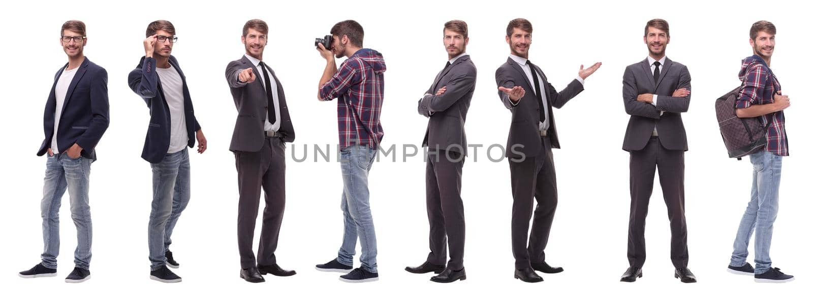 panoramic collage of self-motivated young man .isolated on white background