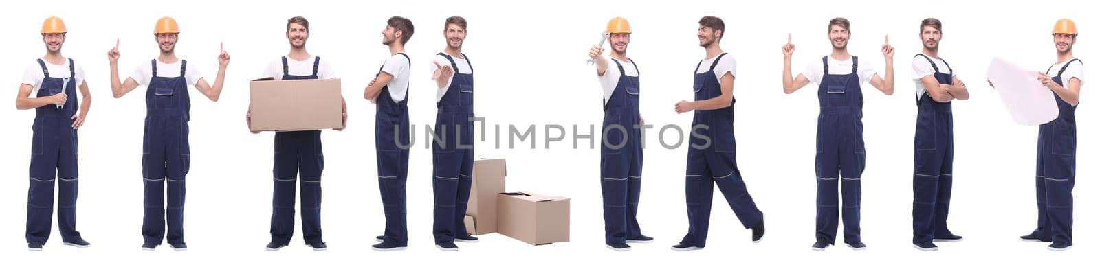 in full growth. skilled handyman isolated on white. photo collage