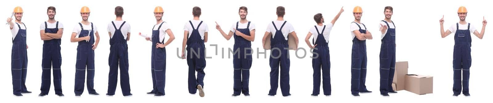 panoramic collage of skilled handyman isolated on white background.