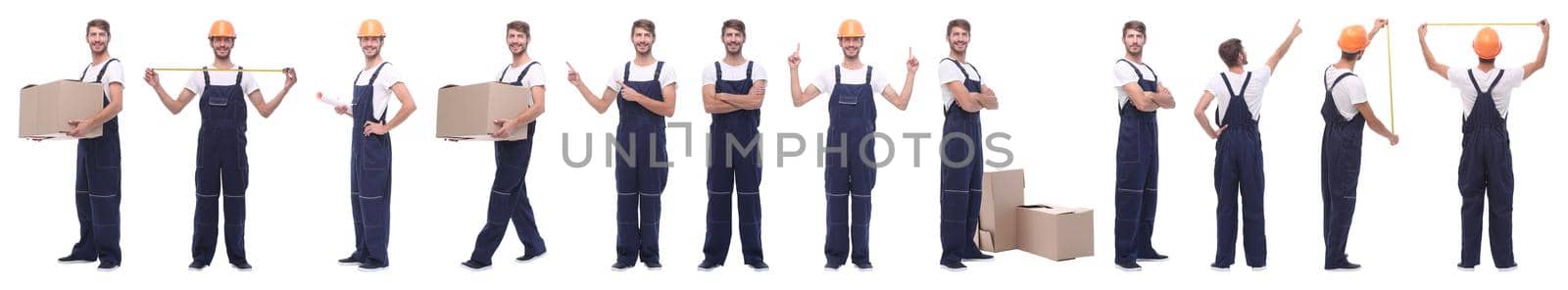 panoramic collage of male handyman isolated on white background.