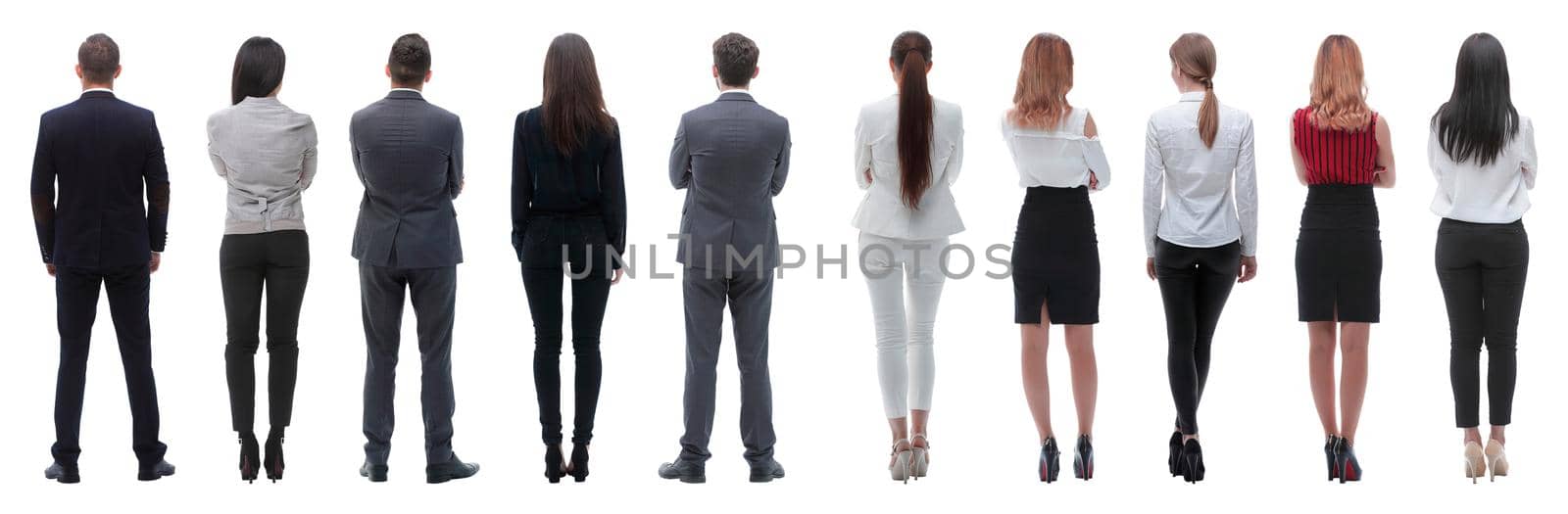 rear view. business team looking forward. isolated on white background
