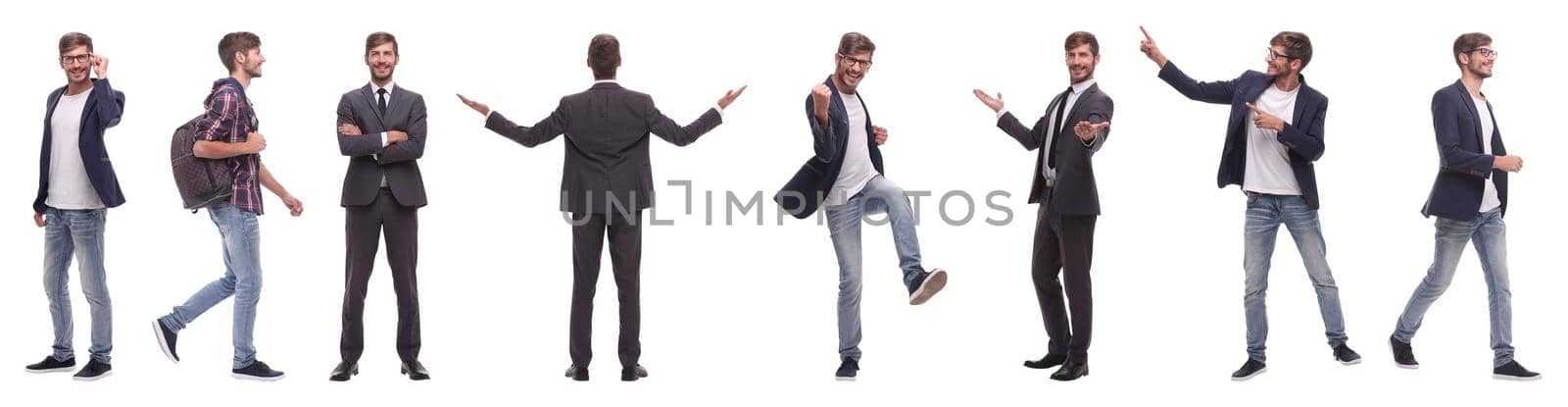 panoramic collage of self-motivated young man .isolated on white background