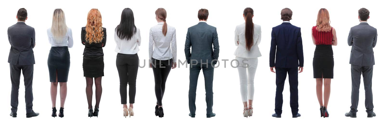 rear view.a group of young business people looking forward. isolated on white