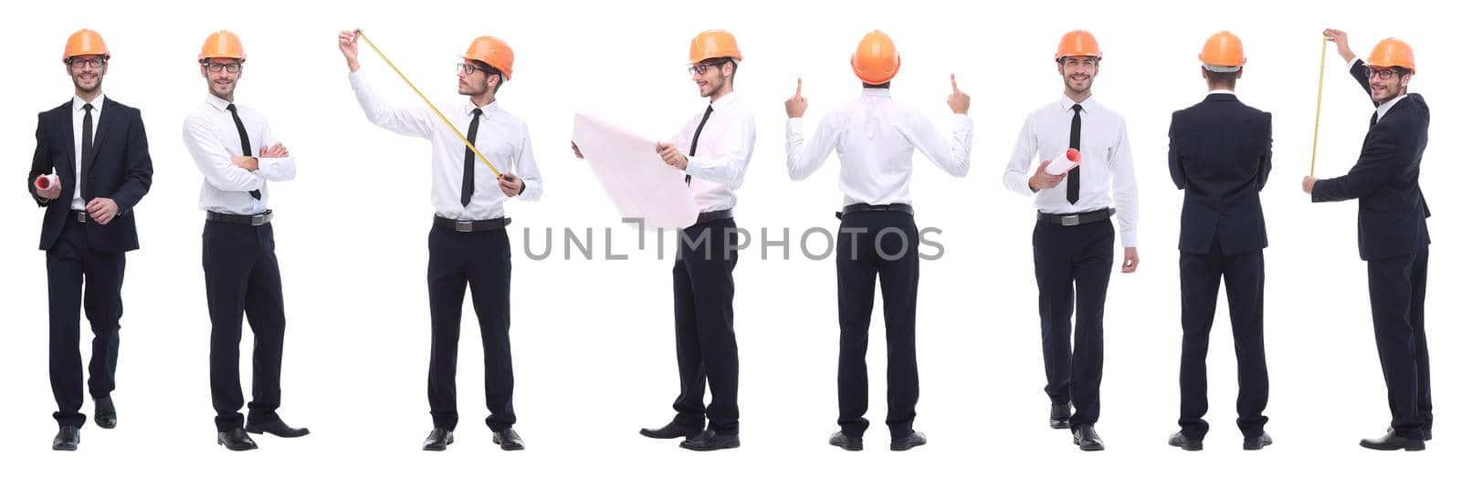 panoramic photo collage of architect expert isolated on white background