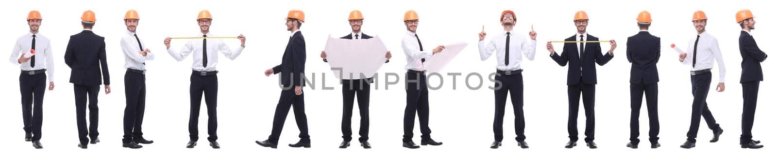 panoramic photo collage engineer architect isolated on white background