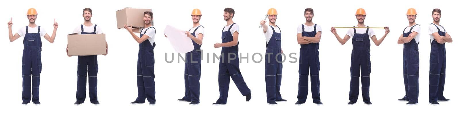 in full growth. skilled handyman isolated on white. photo collage