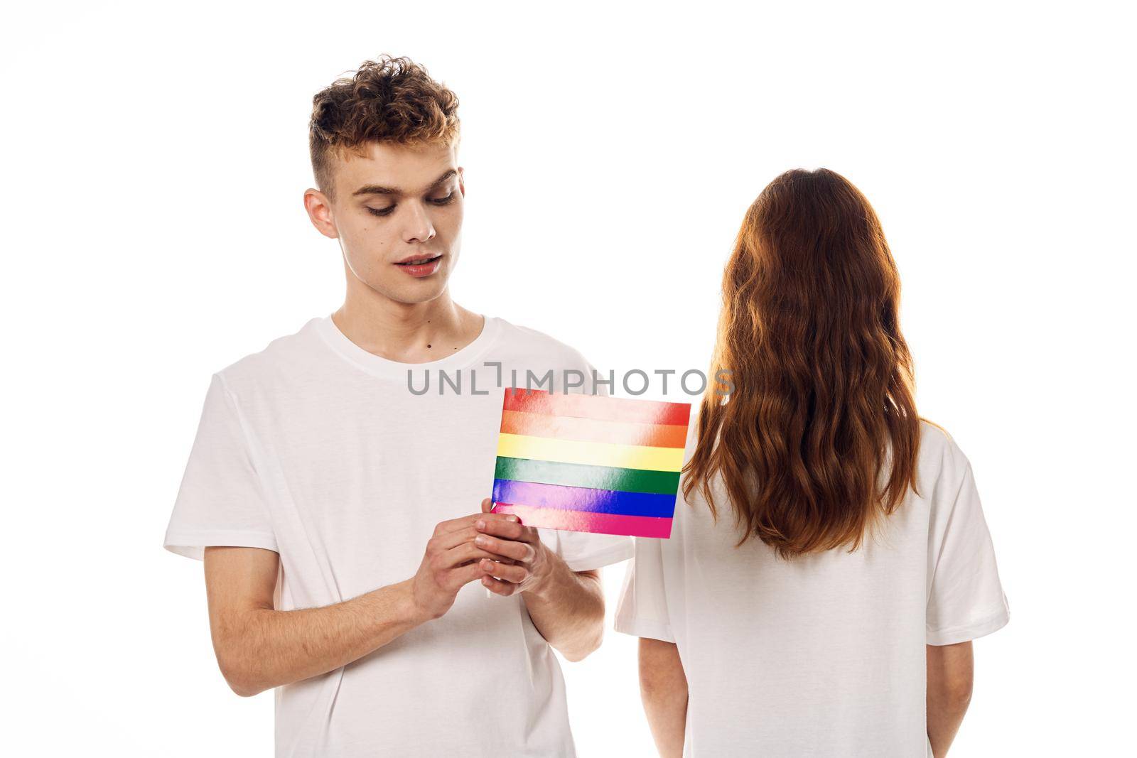 young couple lgbt Flag transgender lifestyle light background by Vichizh