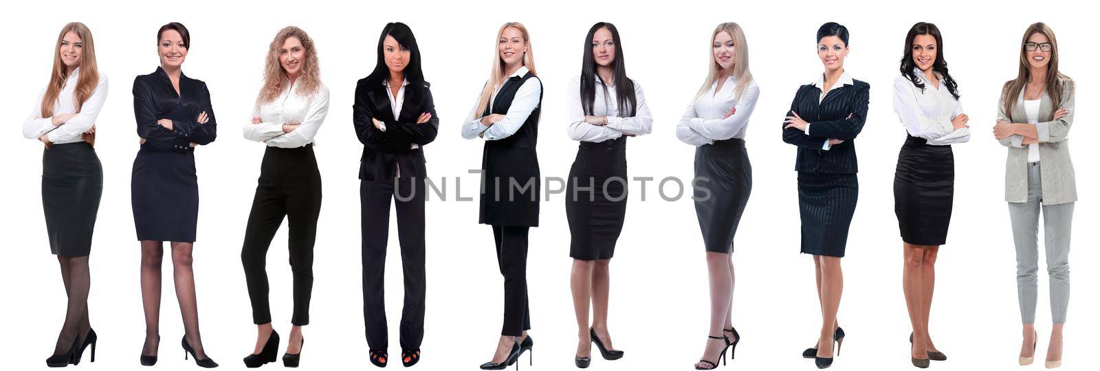 Collection of full-length portraits of young business women isolated on white background