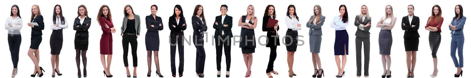 group of successful young businesswoman standing in a row by asdf