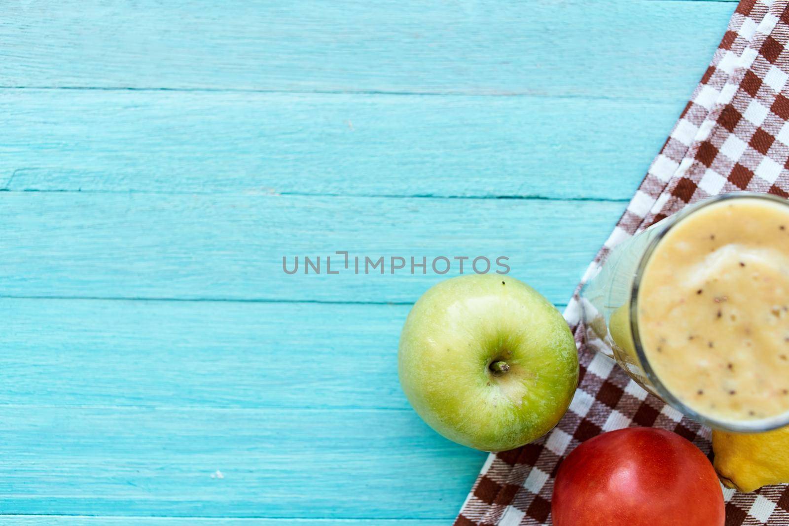 fruit smoothie dessert cocktail drink vitamins top view. High quality photo