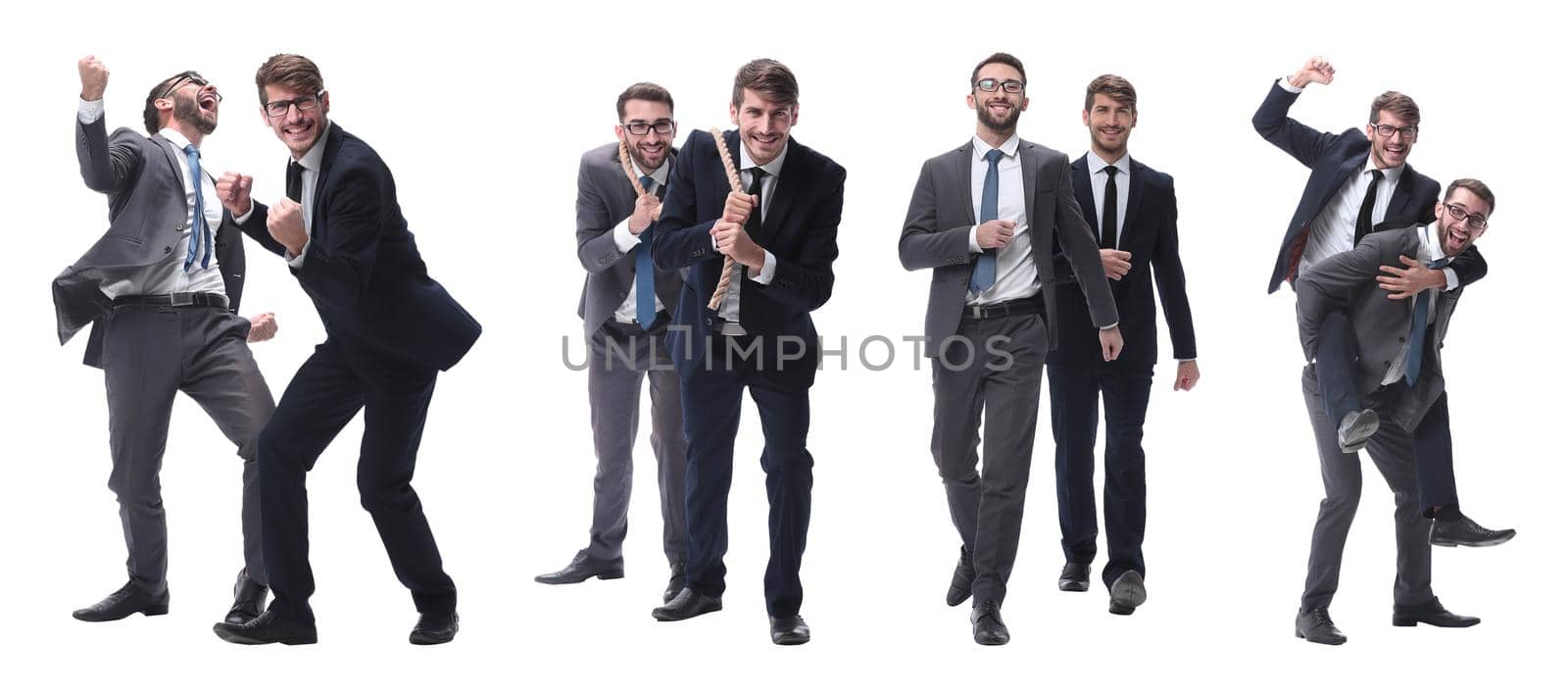 smiling businessman sitting on the back of his colleague . isolated on white background.