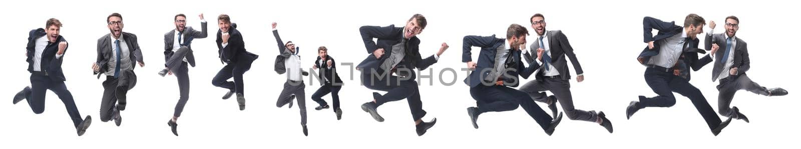 in full growth. two cheerful dancing business people. isolated on white background.