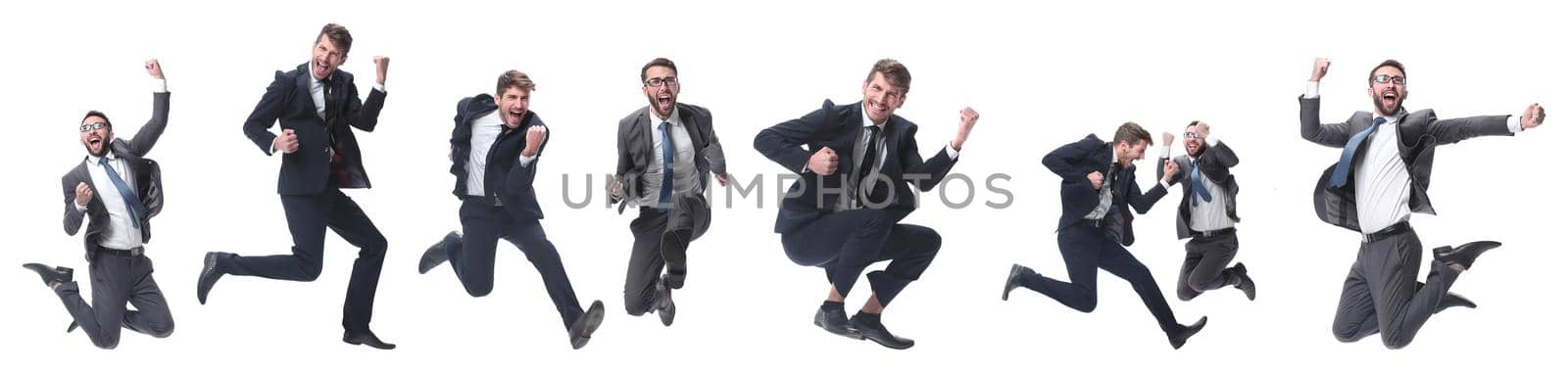 in full growth. two cheerful dancing business people. isolated on white background.