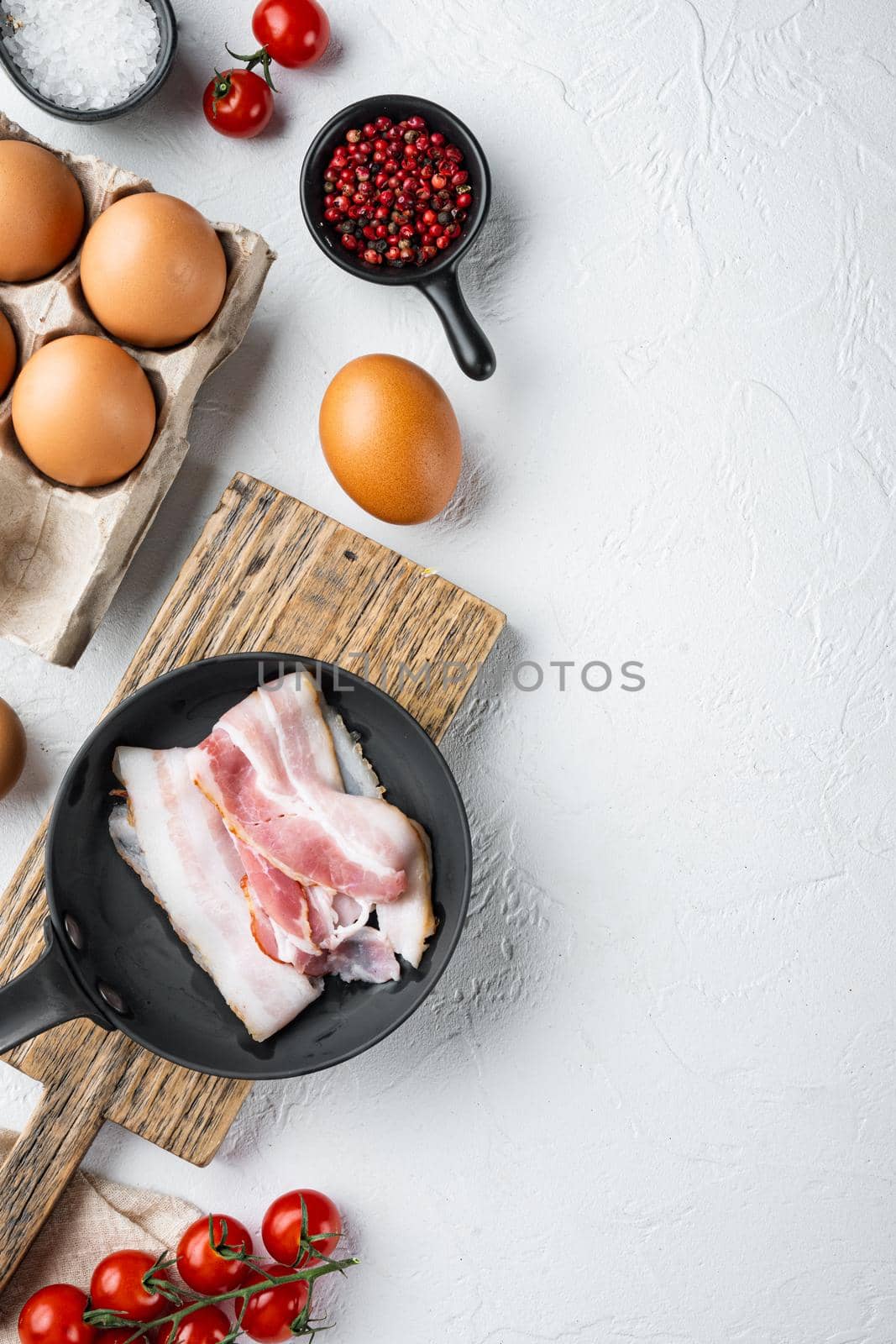 Breakfast egg ingredients mix, on white background, top view flat lay , with space for text copyspace
