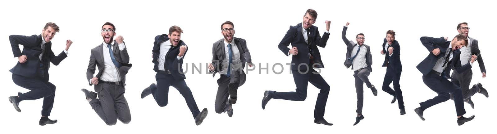 in full growth. two cheerful dancing business people. isolated on white background.