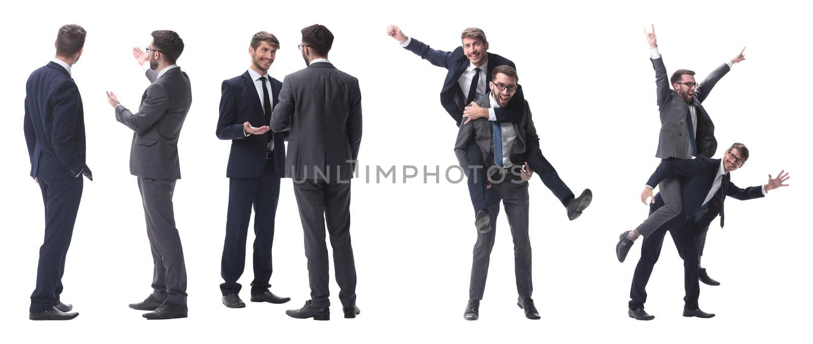 smiling businessman sitting on the back of his colleague . isolated on white background.