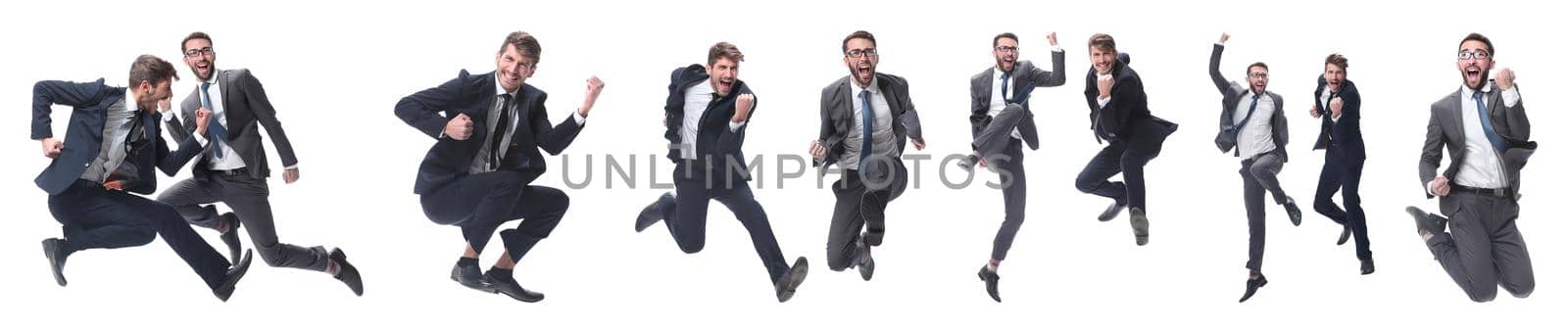 in full growth. two cheerful dancing business people. isolated on white background.