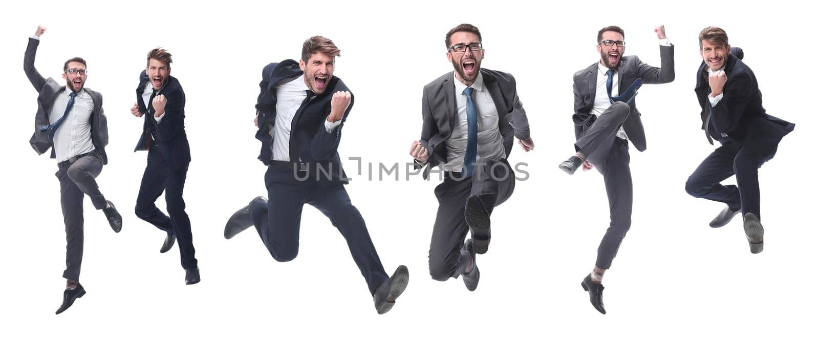 in full growth. two cheerful dancing business people. isolated on white background.