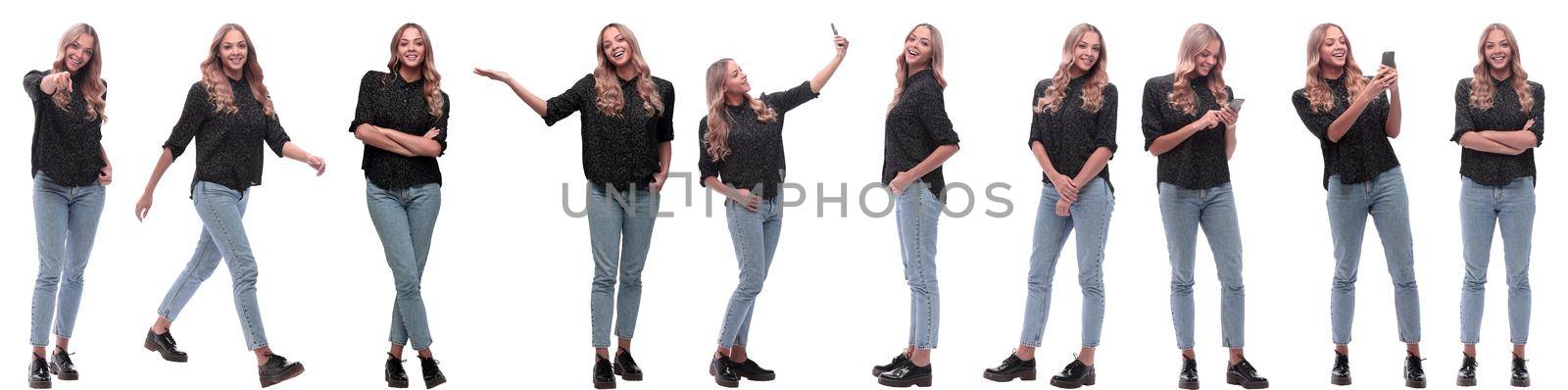 photo collage of a modern young woman with a smartphone. isolated on a white background