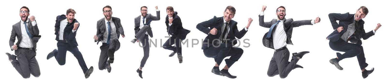 in full growth. two cheerful dancing business people. isolated on white background.