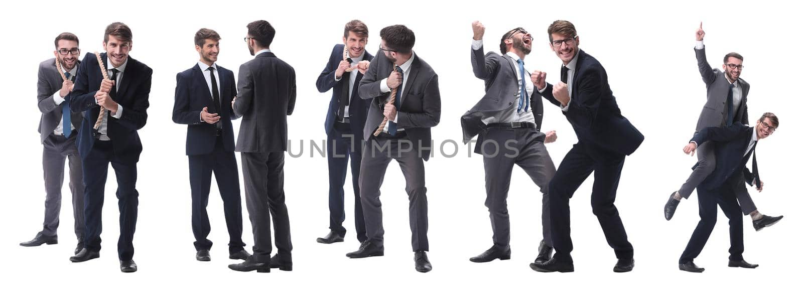 smiling businessman sitting on the back of his colleague . isolated on white background.